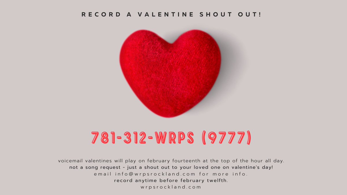 WRPS (@wrpsrockland) on Twitter photo #Valentines #ShoutOuts! Call 781-312-WRPS (781-312-9777) & record a #message to your #lovedone, like:
To Jenny...#Roses are Red, #Violets are Blue. I listen to WRPS all day long and you should, too! 🤓
#Record your #shoutout by 2/12 đź’ť info@wrpsrockland.com for more info. #Valentines #ShoutOuts! Call 781-312-WRPS (781-312-9777) & record a #message to your #lovedone, like:
To Jenny...#Roses are Red, #Violets are Blue. I listen to WRPS all day long and you should, too! 🤓
#Record your #shoutout by 2/12 đź’ť info@wrpsrockland.com for more info.
