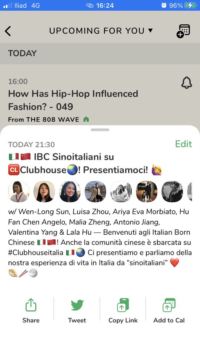 thun88's tweet photo. I'm discussing “🇮🇹🇨🇳 #IBC #Sinoitaliani su 🆑Clubhouse🌏! Presentiamoci! 🙋‍♀️” with Luisa Zhou, Ariya Eva Morbiato, Hu Fan Chen Angelo, Malia Zheng, Antonio Jiang, @_vipsilon, and @LalaHu9. Today, 4 Feb at 9:30 PM CET on @joinclubhouse. Join us! https://t.co/sGCCMDBcBF https://t.co/6pzWPKSCVZ