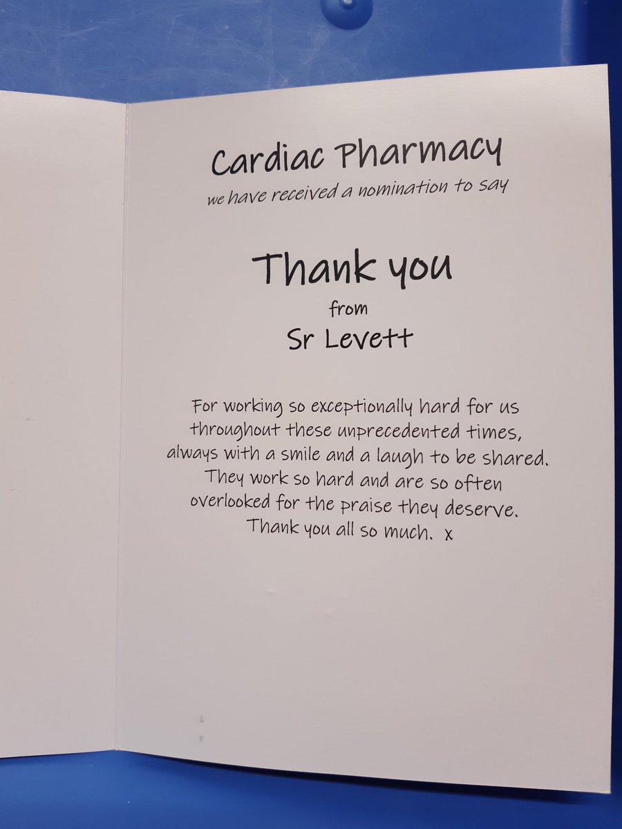 NoelTopping's tweet photo. Feeling really proud of my wonderful team today. It is a great testament to how hard they work in delivering a quality pharmacy service to the cardiology wards. The thoughtfulness of one of our nurse colleagues has really brightened our day. @Rebecca_Bond_  @PharmacyBTH https://t.co/dnNOnCvPsC