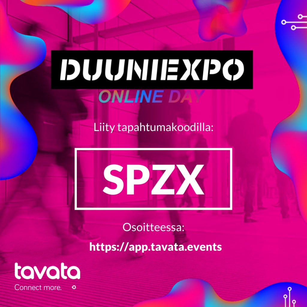 TavataGlobal's tweet photo. @DuuniExpo järjestetään tänä vuonna täysin virtuaalisesti Tavata-alustalla!

Katso lisää https://t.co/kZ8Jkqq4Ip tai liity suoraan tapahtumaan osoitteessa https://t.co/tBl704VdVP koodilla SPZX - tervetuloa mukaan!

#tavata #virtualevent #DE21 #duuniexpo https://t.co/a2zBrUBTQY