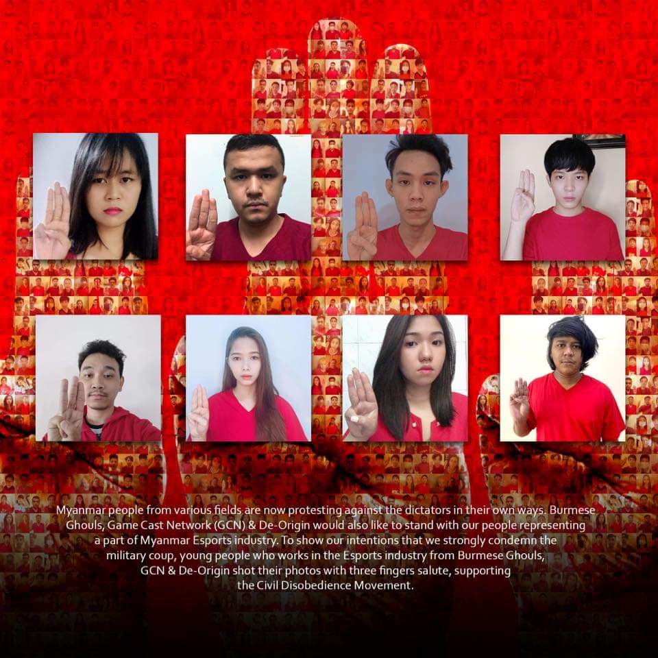 Myanmar people from various fields're now protesting against the dictators in their own ways.Burmese Ghouls,Game Cast Network (GCN) &amp; De-Origin would also like to stand with our people representing a part of Myanmar Esports industry.(cont)
#HearTheVoiceOfMyanmar
#RespectOurVotes