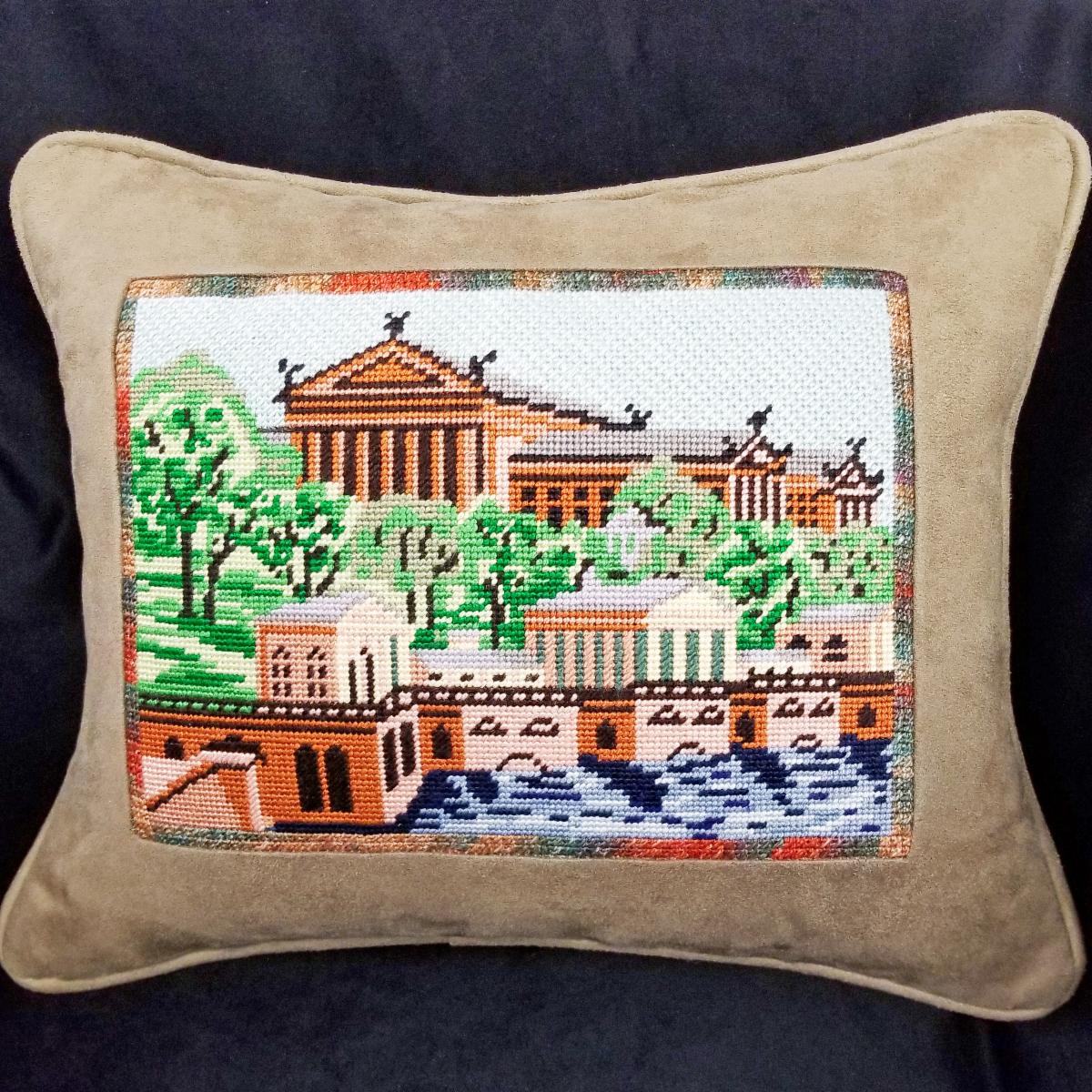 NeedleMe_Me's tweet photo. Harriet N. stitched this 5x7 inch Philadelphia Museum of Art canvas from Needle Crossings Designs and finished as a frame and knife edge pillow. We love the watercolor boarder she added to bring the piece together beautifully! https://t.co/nQJZ49qOQV