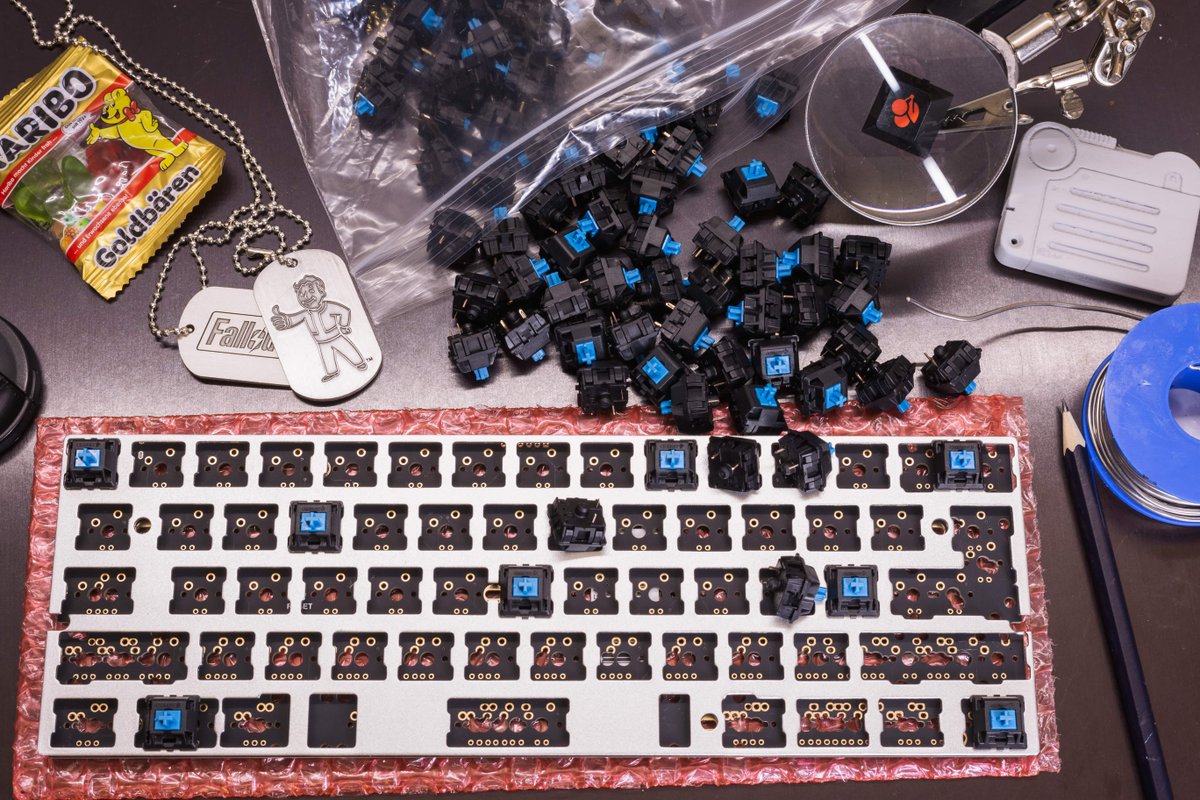 Candykeys keyboard PCB with CHERRY MX BLUE switches.