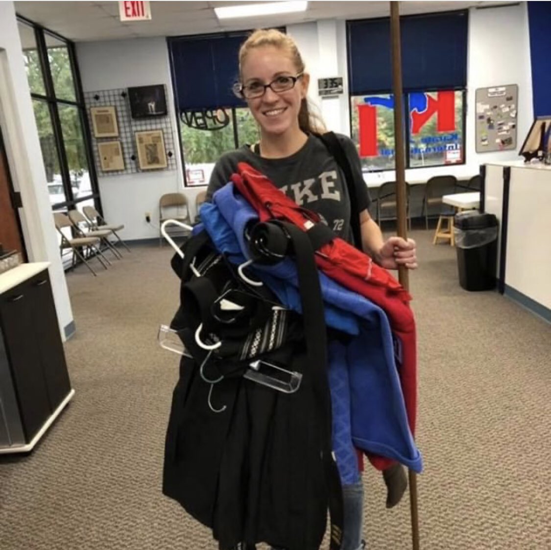 RaleighKarate's tweet photo. 💪🏼🥋Ms. Palmer has Black Belts in multiple arts.....so her daily uniform situation is complicated. 😂 https://t.co/NQu6dHCLa8