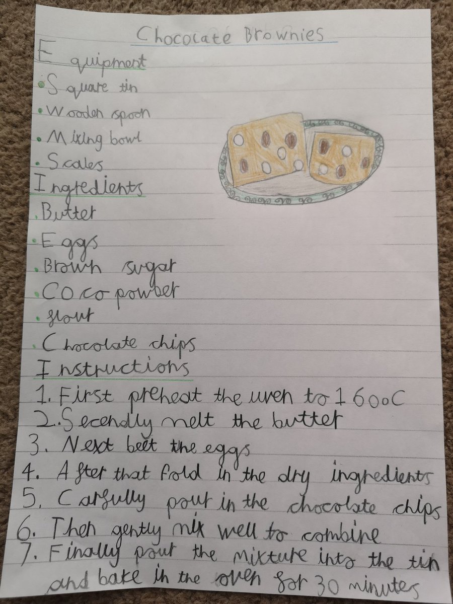 holgate_laura's tweet photo. @walmleyjssc @MissPearson2020
Elsie wrote up her instructions to make chocolate brownies. Can't wait to try them 😋 https://t.co/zM1js0pev4
