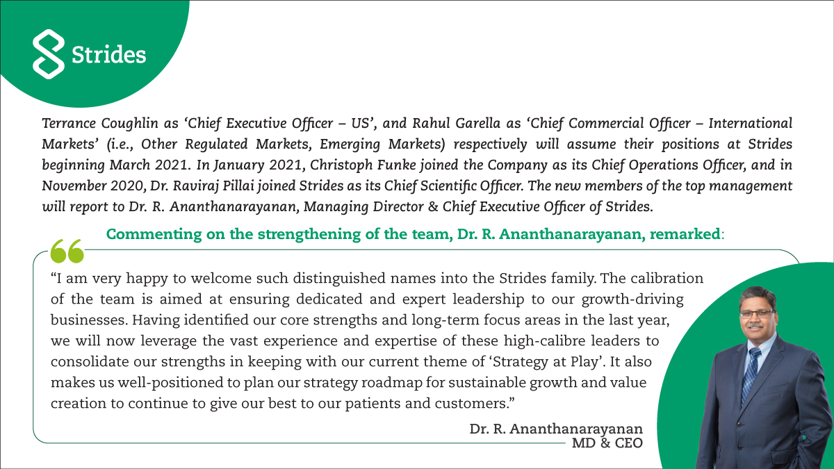 strides_pharma's tweet photo. Strides announces the strengthening of its global executive management team to sharpen its focus on key business growth areas.
For more details, please visit: https://t.co/pO9Z1pG7Tq #StrategyAtPlay https://t.co/slGPqFoo0J