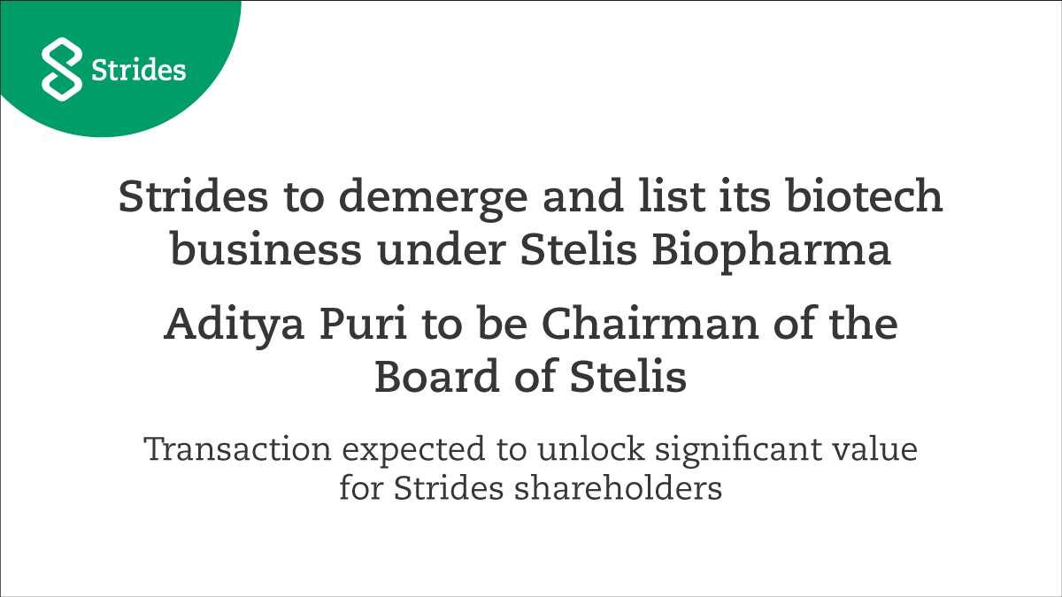 strides_pharma's tweet photo. Strides announces that the Board of Directors of the Company have approved in principle the demerger of its biotech business under Stelis Biopharma (Stelis). 
For more details, please visit https://t.co/8z7d6p7QKl #StrategyAtPlay https://t.co/AeYYtQrJHd