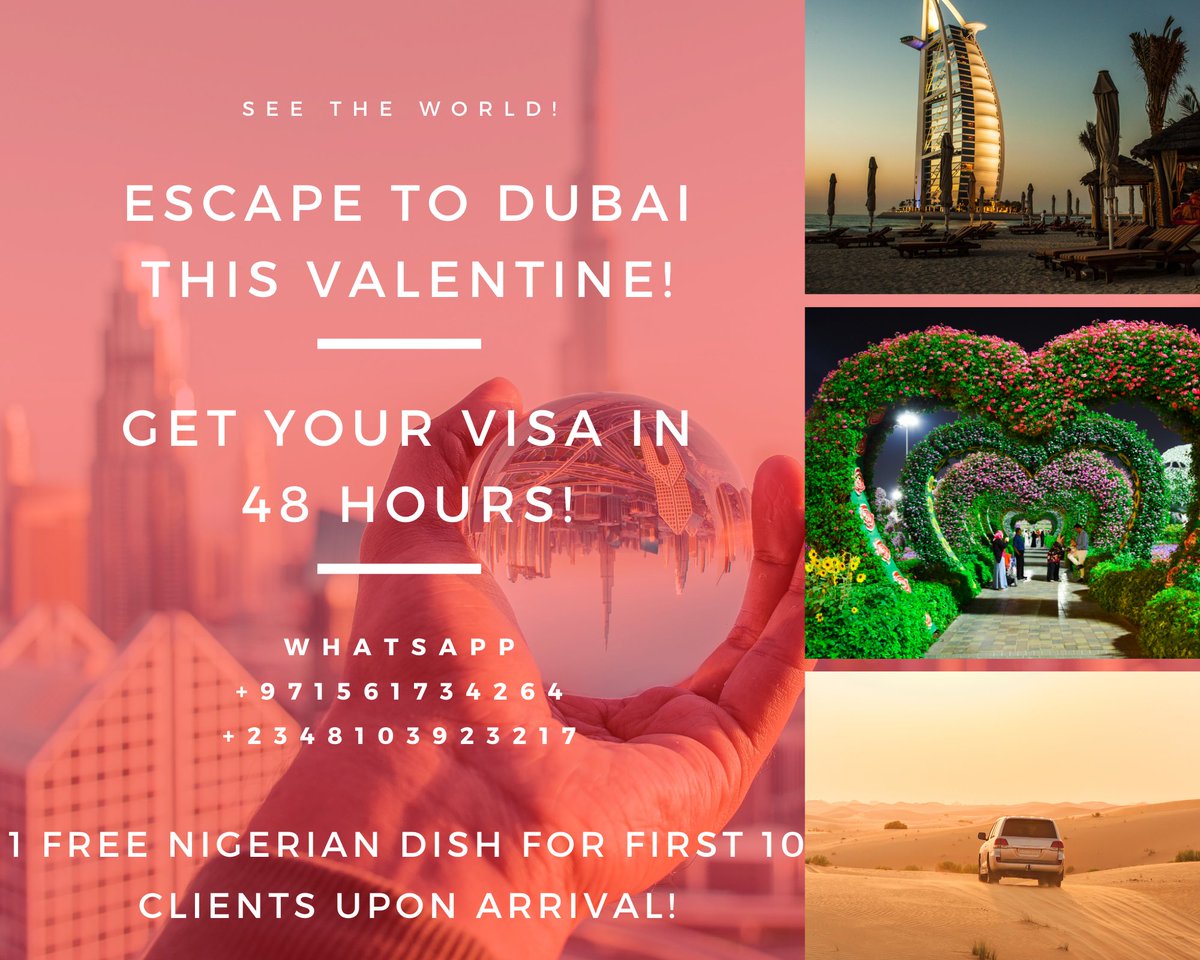 _AfricanButter_'s tweet photo. @mrmacaroni 🎶Valentine is Coming .....🎶
🎶Where are you going🎶

If you want to see the world start now.
Start with a #dubaitrip
 Spoil that loved one.
Rejuvenate your mental health with a trip.

Super Affordable Visa!
Visa in 48 hours!

 Contact +2348103923217

#AbujaTwitterCommunity https://t.co/3ugNPJrzmb