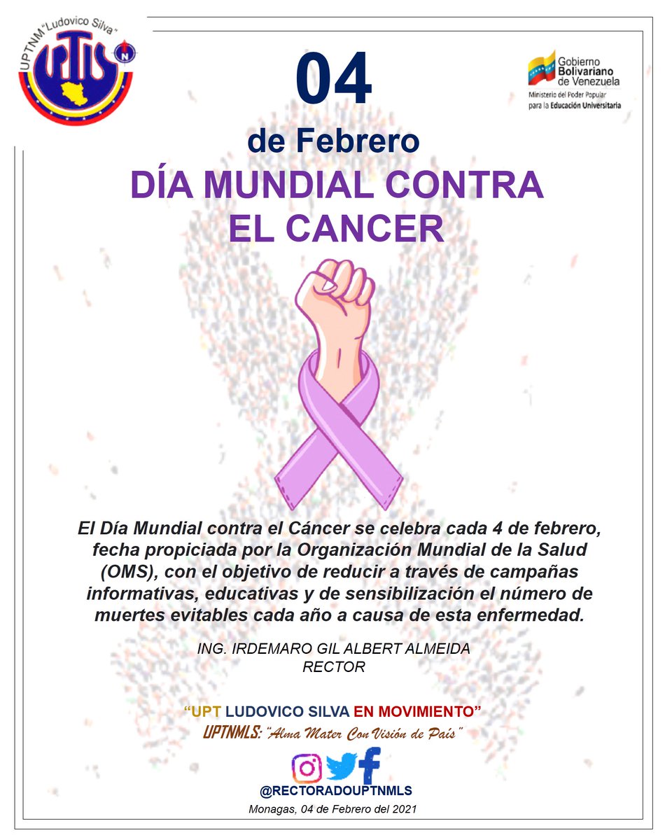RECTORADOUPTNM's tweet photo. ```DÍA MUNDIAL CONTRA EL CÁNCER🎗️``` 

El 4 de febrero de cada año se celebra el Día Mundial contra el Cáncer, un día Internacional con el objetivo de aumentar la concientización y movilizar a la sociedad para avanzar en la prevención y control de esta enfermedad. https://t.co/U6TPh1bqrn