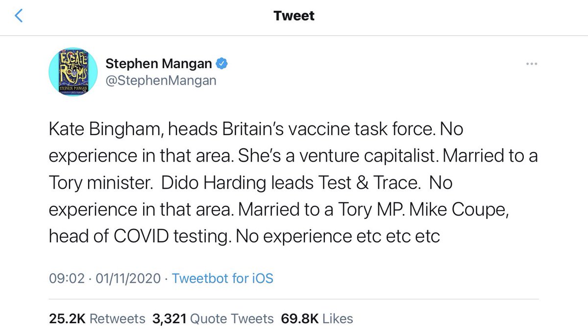 English actor, writer, comedian and presenter Stephen Mangan picked up almost 70,000 “likes” for this tweet on 1 November 2020, again echoing the presumption that the appointment was venal and the appointee incompetent for the role
