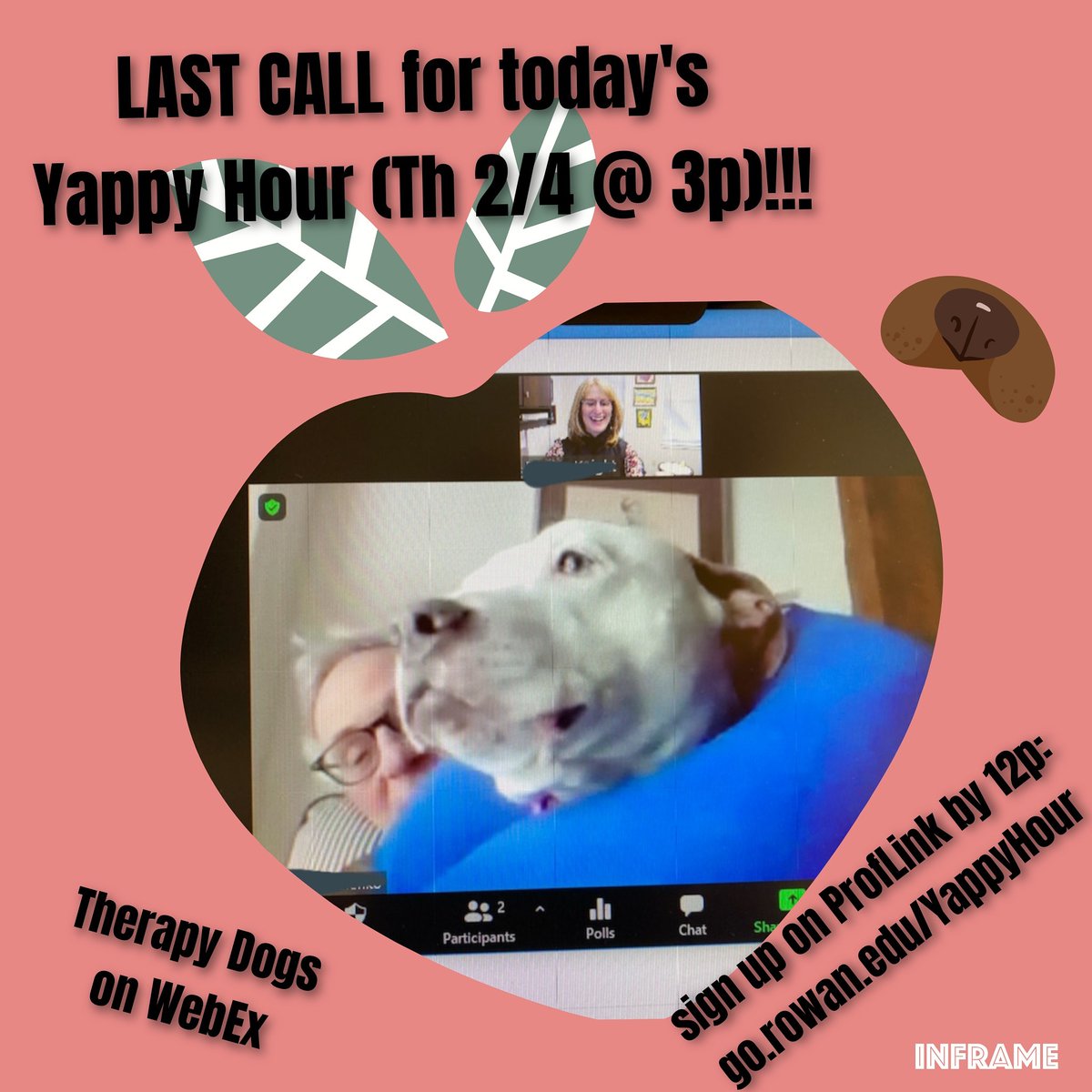 RowanPetTherapy's tweet photo. LAST CALL to sign-up for today's (Th 2/4) Virtual Yappy Hour w/ Therapy Dogs @rowanpettherapy ! RSVP by 12pm on ProfLink: https://t.co/rUKEwIz9eO. Pets of all species welcome too, but certainly not required. Questions? PetTherapy@rowan.edu
#ProfPups #rowanathome #RowanUniversity https://t.co/6WGw5GhwVK