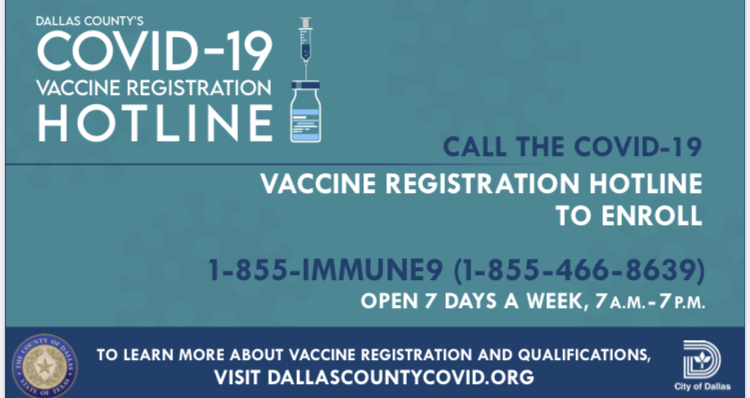 DCHHS's tweet photo. ‼️‼️Dallas County has hired a professional call center to assist the community with registering for the COVID-19 vaccine over the phone.  

☎️Number: 1-855-IMMUNE9 (855-466-8639) 
🗓️Hours: 7am -7pm, 7 days a week. 
✅You can register in English and Spanish. https://t.co/oUCMJanzaG