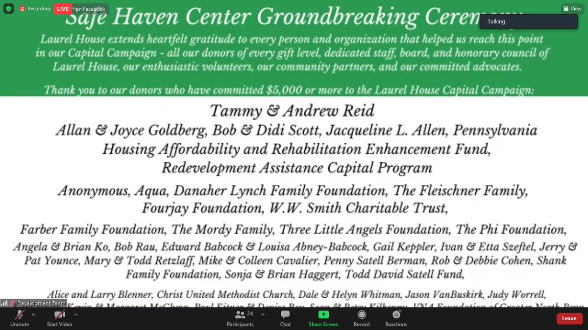 List of donors who helped make the new <a href="/LaurelPA/">LaurelHousePA</a> Safe Haven Center happen, and yes that is the football coach at the top of the list - <a href="/UpperGwyneddTwp/">Upper Gwynedd</a> board President said "we congratulate you on this new endeavor and we wish you continued success" w/a welcome to UG