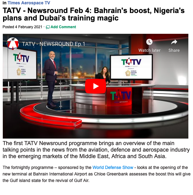 aviation_mena's tweet photo. The first Times Aerospace TV - TATV launched today with news from the Middle East, Africa &amp; S Asia.  Subscribe today and view the first episode here. It's good! https://t.co/fjU5WpPHTg #aviationnews #aviationtv #aviationmena @ArabianAeroNews https://t.co/UOw5H2tYC7