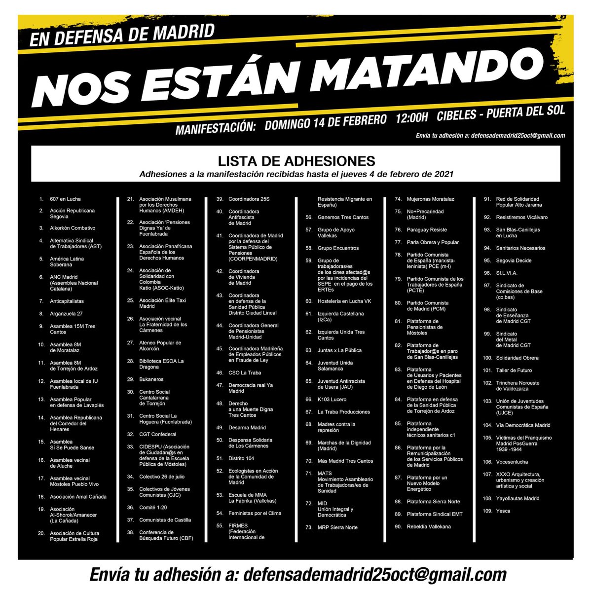 🚫 Tras la prohibición de la manifestación por parte de Delegación de Gobierno, la convocatoria se mantiene en pie

-14 DE FEBRERO-

⏰12h CIBELES-SOL

✊🏼 EN DEFENSA DE MADRID ✊🏼

#NosEstanMatando