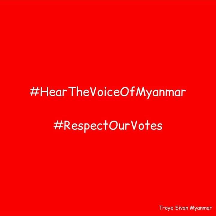 I believe our wishes will come true if we are always together in demanding for democracy. Let's fight until the last minute for our future.

OUR VOTES MATTER
#HearTheVoiceOfMyanmar
#RespectOurVotes