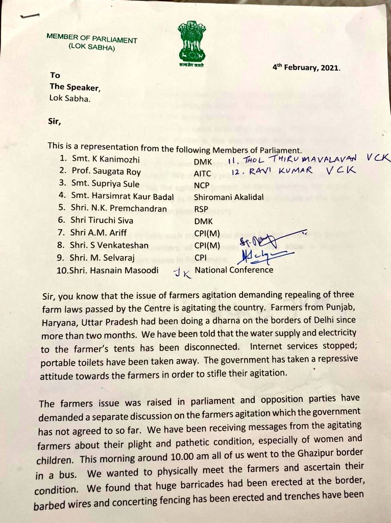 Harsimrat Kaur Badal along with various MPs from other states wrote a memo to Lok Sabha speaker Om Birla citing assault on their rights.