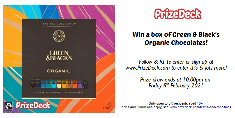 Chocolate time!

Follow &amp; RT for your chance to WIN a Green&amp;Black's Organic selection...

This should keep the winner going for a few days.

Ends 10PM Friday 5th February 2021
Terms Apply: UK &amp; 18+ Only

#chocolate #chocolatelover #Giveaways