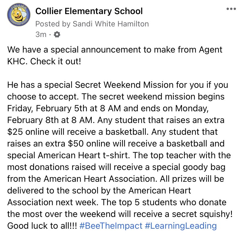 CollierES's tweet photo. We have a special announcement to make from Agent KHC. Check it out!

He has a special Secret Weekend Mission for you if you choose to accept. The secret weekend mission begins Friday, February 5th at 8 AM and ends on Monday, February 8th at 8 AM. #BeeTheImpact #LearningLeading https://t.co/ZdvwqoDrQG