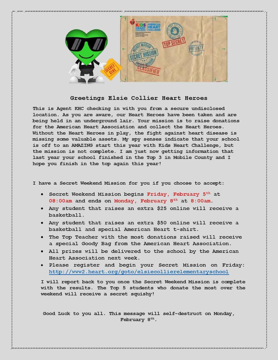 CollierES's tweet photo. We have a special announcement to make from Agent KHC. Check it out!

He has a special Secret Weekend Mission for you if you choose to accept. The secret weekend mission begins Friday, February 5th at 8 AM and ends on Monday, February 8th at 8 AM. #BeeTheImpact #LearningLeading https://t.co/ZdvwqoDrQG