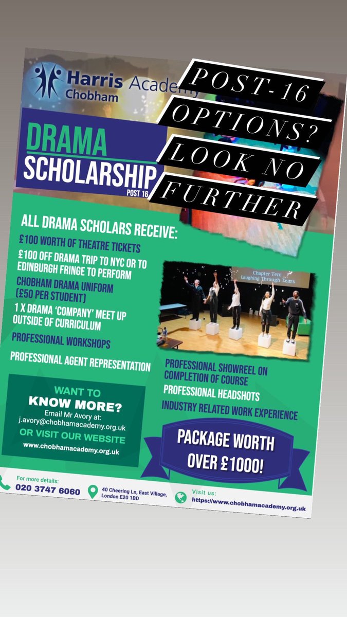DramaGuy (@thedramaguy) on Twitter photo Considering A-Level options? We’re offering a brand new Drama scholarship <a href="/chobhamacademy/">Harris Academy Chobham</a> for those picking A-Level #Drama Considering A-Level options? We’re offering a brand new Drama scholarship <a href="/chobhamacademy/">Harris Academy Chobham</a> for those picking A-Level #Drama