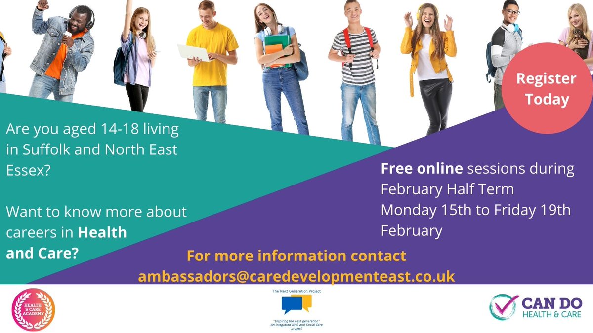 CareSuffolk's tweet photo. Do you know anyone aged 14 - 18, living in Suffolk or North East Essex who are interested in a career in Health and Care?

The Next Generation Ambassadors have organised these free online sessions during February half term. 
@NextGenAmbass #NHS #SocialCare https://t.co/XUGquVb3Xh