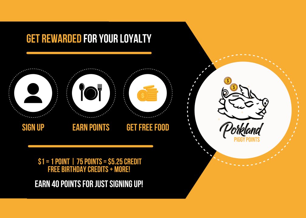 porklandbbq's tweet photo. Have you heard yet!  Piggy Points are here!  It's a $1 a point and 75 points gets you $5.25 in credits toward free food!  We love our loyal customers and we wanted to reward you!  Come by today to sign up!  
Open 11am - 6pm 

#piggypoints https://t.co/jJhSWgtBHl