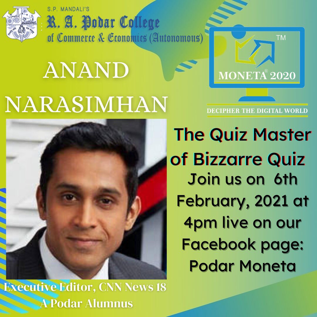 MonetaPodar's tweet photo. MONETA 2020 is proud to have on board, a very talented &amp; charismatic personality

Meet the Quiz master for Bizzare quiz - Mr. Anand Narasimhan!

He’s a renowned TV Media Journalist &amp; Anchor. Starting from scratch, he built his successful career with immense hard work &amp; dedication https://t.co/ZJLkF1bv4a