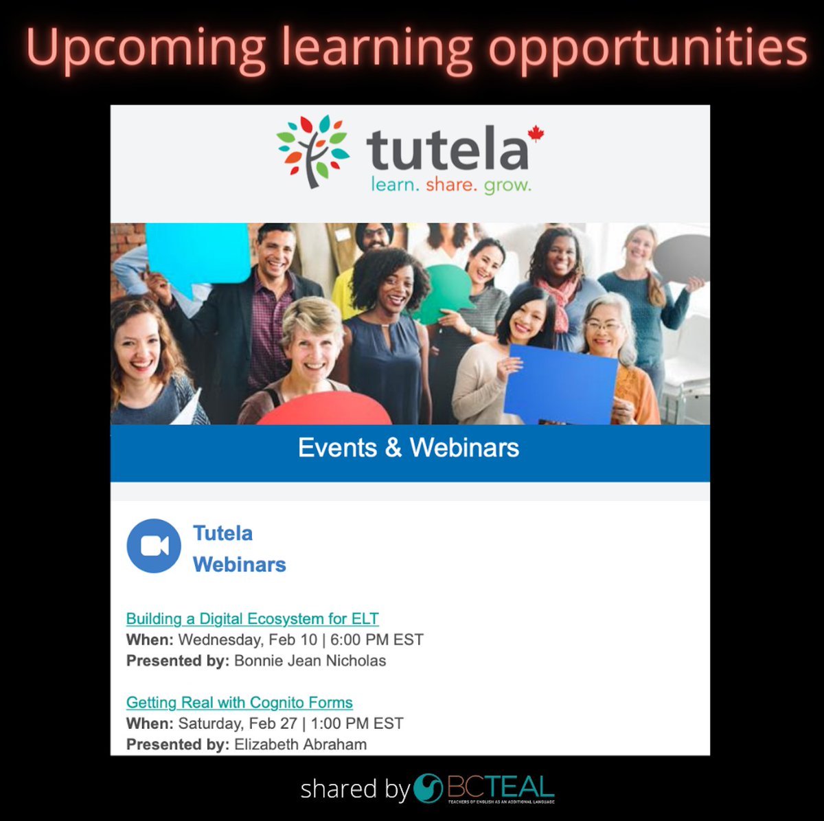 bcteal's tweet photo. Registration to Tutela is free. See more information at https://t.co/eRJNKtX0XX
#bcteal #tesol_assn #ATESLNews #TESLSASK #TESL_NB #TEALMB #TESLOntario #TESLNewfoundlandandLabrador #TEALNews #iatefl #TESLNS #CLB #PBLA #new2teal #TESOL #CdnELTchat #TESOL https://t.co/jEuoe8Fo8j