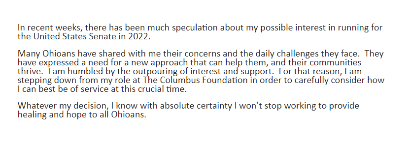 Tylerjoelb's tweet image. Dr. Amy Acton takes another step toward a run for U.S. Senate (the Portman seat in Ohio)

New statement out announcing she has stepped down from her role with the Columbus Foundation