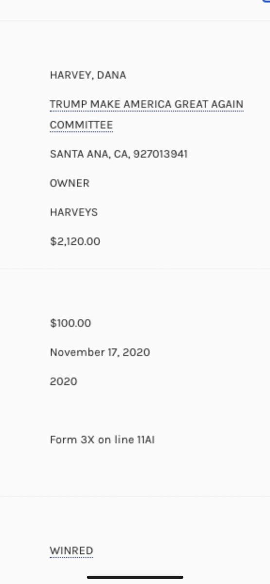 disneywatchdog's tweet photo. Facts are facts! The owner of @ShopHarveys, Dana Harvey, donated money to both Trump and WinRed BEFORE and AFTER the election when Trump was begging for money to overturn the election. https://t.co/CUpO1674YQ