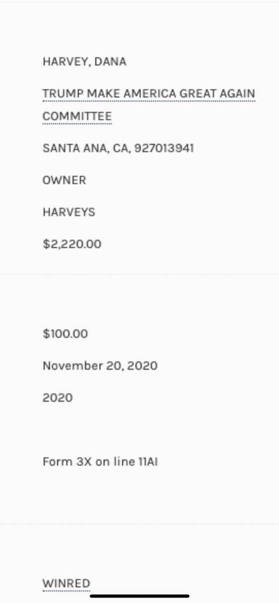 disneywatchdog's tweet photo. Facts are facts! The owner of @ShopHarveys, Dana Harvey, donated money to both Trump and WinRed BEFORE and AFTER the election when Trump was begging for money to overturn the election. https://t.co/CUpO1674YQ