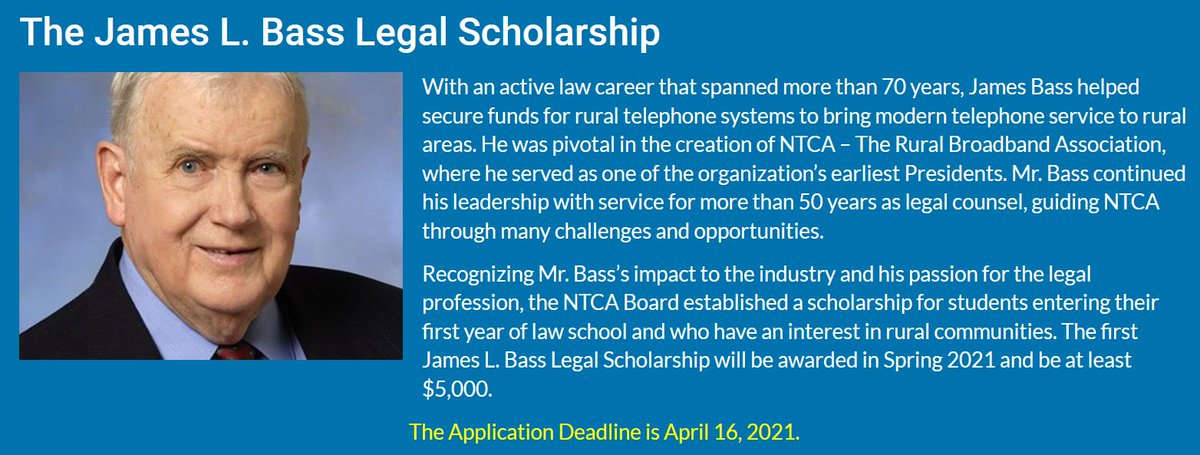 NTCA-The Rural Broadband Association (@ntcaconnect) on Twitter photo Today <a href="/FRSRuralConnect/">Foundation for Rural Service</a> announced the James L. Bass Legal Scholarship in memory of one of our founding NTCA members. Read more about the new scholarship here: frs.org/programs/james… Today <a href="/FRSRuralConnect/">Foundation for Rural Service</a> announced the James L. Bass Legal Scholarship in memory of one of our founding NTCA members. Read more about the new scholarship here: frs.org/programs/james…