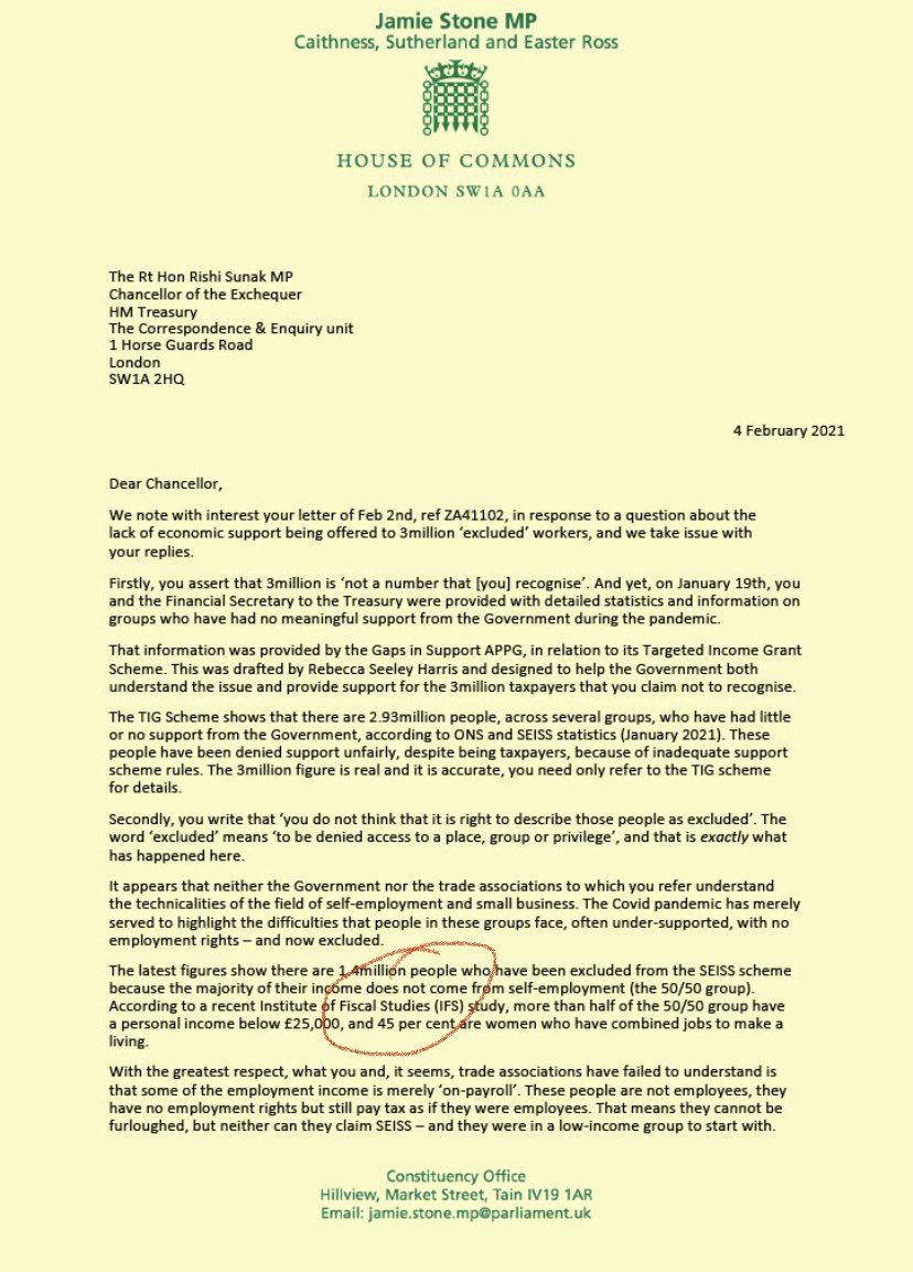 <a href="/APPGGapsSupport/">APPG Gaps in Covid-19 Financial Support</a> <a href="/Jamie4North/">Jamie Stone MP</a> <a href="/RishiSunak/">Rishi Sunak</a> Brilliant, however for many of us this “does” should say “did”. I like many switched from employment to SE in 2018, which is why the 50/50 rule disqualified me. Since then my income has been 100% SE, which makes the exclusion harder as I have no part time  employment elsewhere