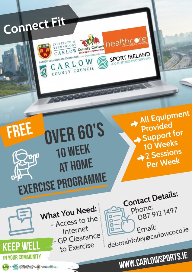 🟢 FREE OVER 60’s EXERCISE PROGRAMME 🟢

💰 Completely Free
📍 Takes Place at Home 
🧭 Exercise Equipment Provided
💻 Online Supports Provided

📝 What you need to be eligible📝

✅ Internet Connection
✅ GP Clearance Letter 

ℹ️ Deborah 0879121497  📧 deborahfoley@carlowcoco.ie