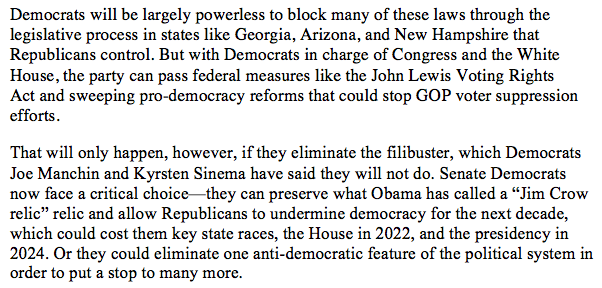 Dems have a clear choice: they can get rid of filibuster to pass John Lewis Voting Rights Act & For the People Act to stop GOP voter suppressionOr they can allow GOP to undermine democracy for next decade The stakes couldn’t be higher