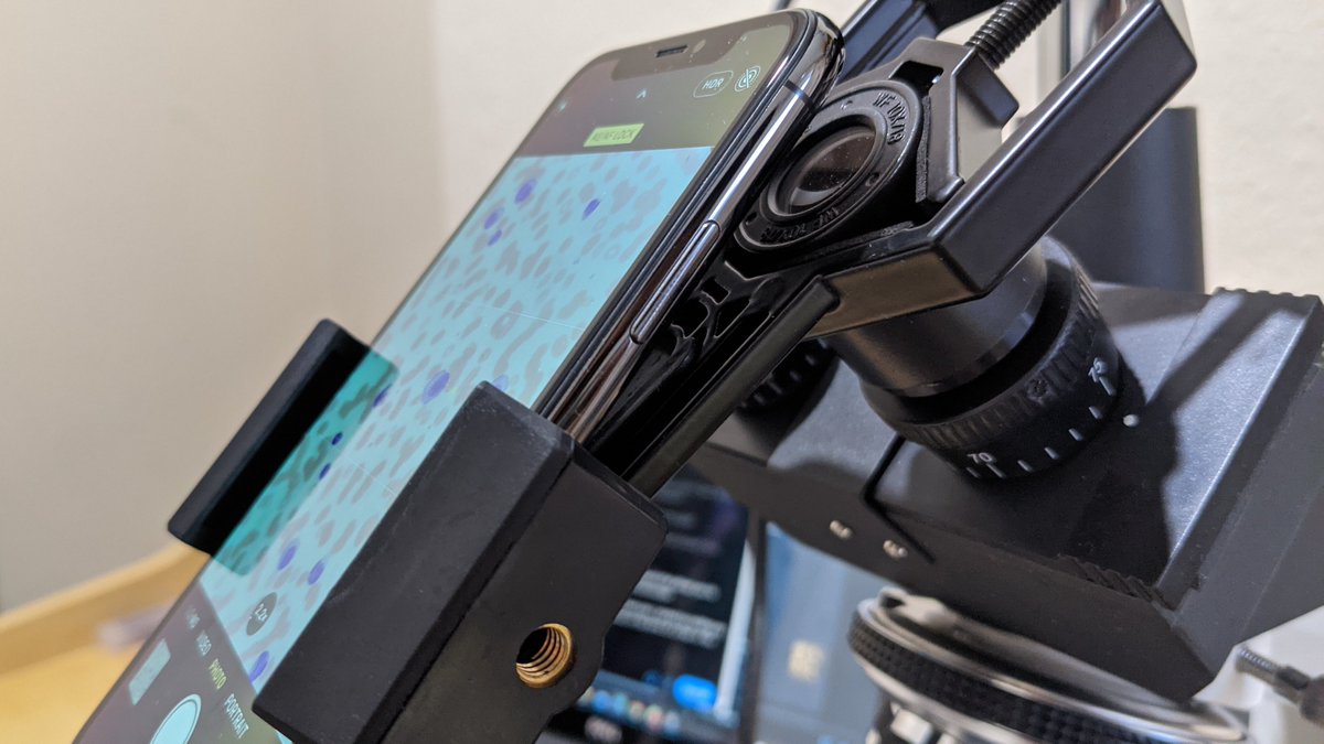 2. Firstly, it is useful to have a mount that allows you to connect your phone to the microscope. Don't worry if you don't have one. I usually do it by holding my breath, resting my elbows on the arms of a chair or the table for stability.