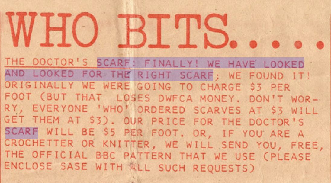 For instance,  #doctorwho. People have been clamoring for Tom Baker's scarf pattern for *years*. In the '80s, the BBC sent fans the pattern and an American DOCTOR WHO fan club both commissioned orders and posted the pattern themselves in their newsletter  https://www.dailydot.com/unclick/reverse-engineer-knits-pattern-doctor-who-outlander-star-wars/