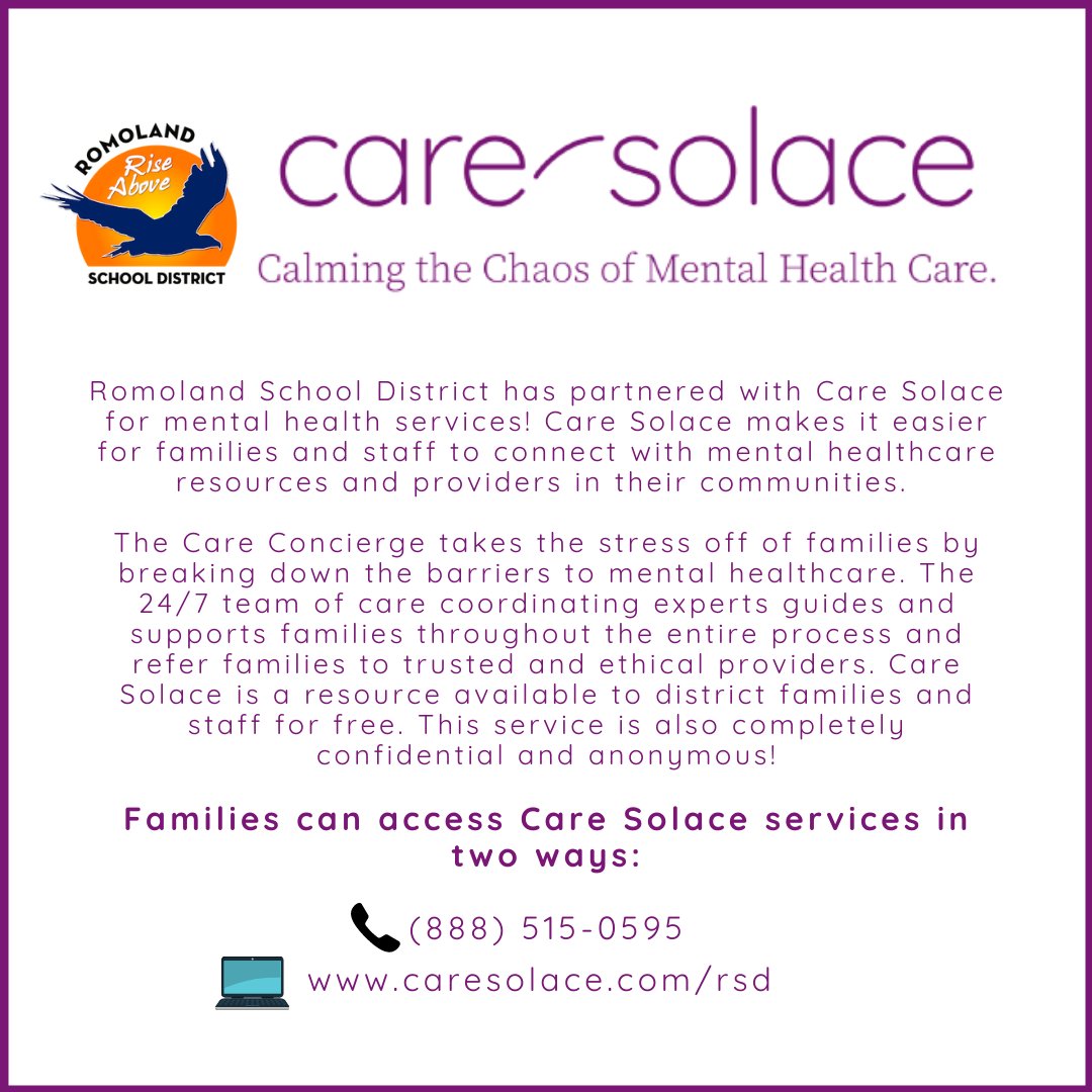 RomolandSD's tweet photo. @RomolandSD families can access free mental health resources available through our partner Care Solace! 

Families and staff in need of support may contact Care Solace 24/7 at (888) 515-0595 or via our district’s unique webpage https://t.co/Ag6DCfYJyV https://t.co/SMC8181lIQ