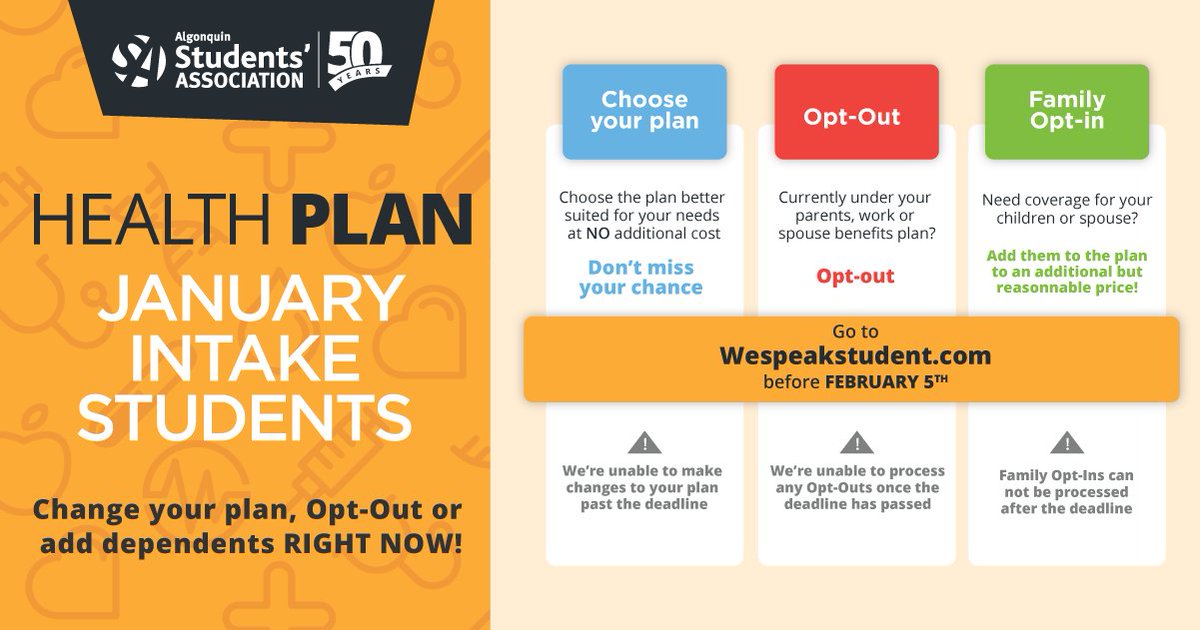 AlgonquinSA's tweet photo. ‼️ IMPORTANT ‼️ The deadline to make changes to your Health Plan is tomorrow, Friday, February 5!
➡️ https://t.co/qDEZl2piGj
.
.
.
#StudentHealthPlan #AlgonquinSA https://t.co/X95YkgwRce
