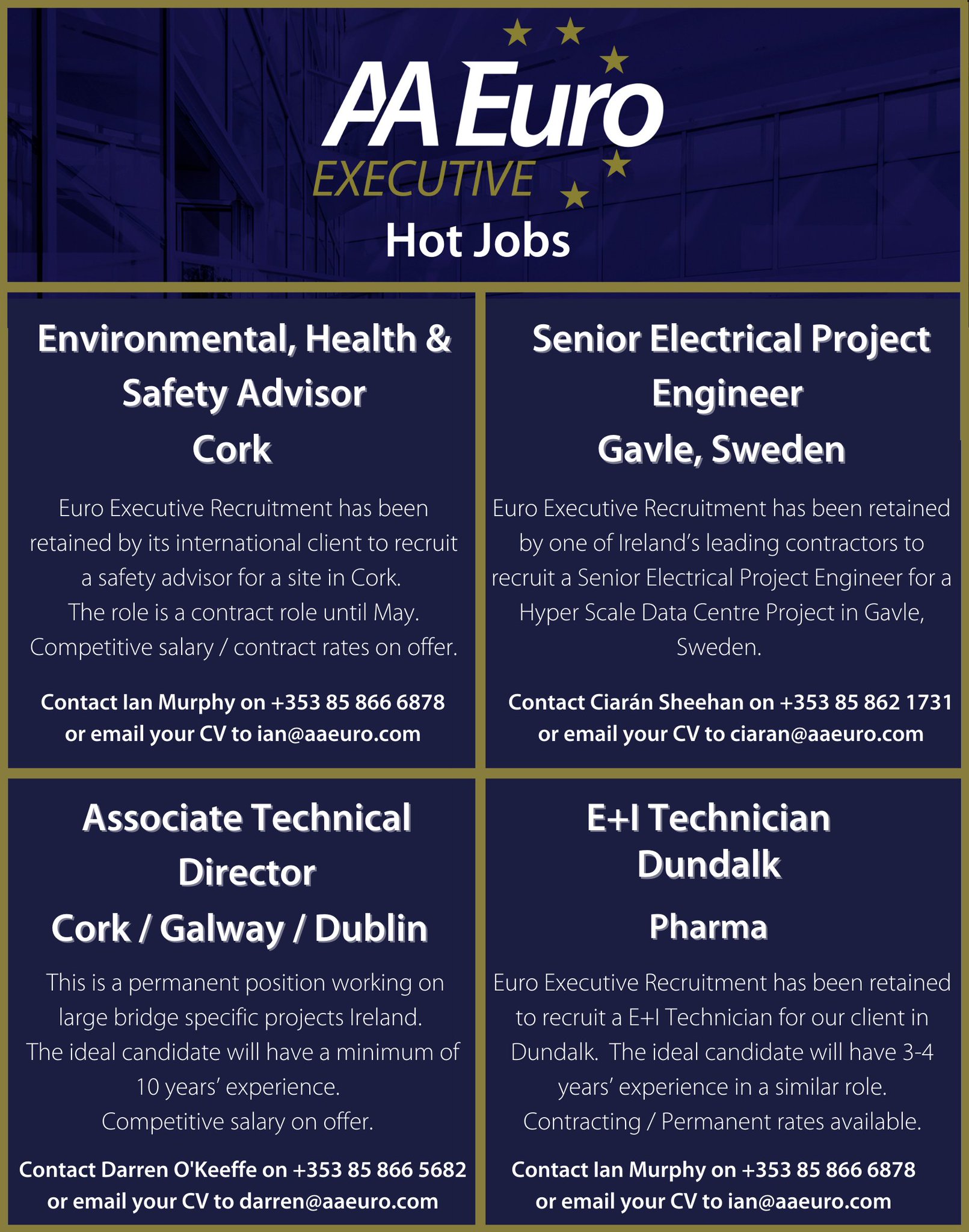 Euro Executive Recruitment Hot Jobs Based Both In Ireland Europe Just A Handful Of Vacancies We Have Live This Week Contact Us Today To Discuss Any Of These Roles