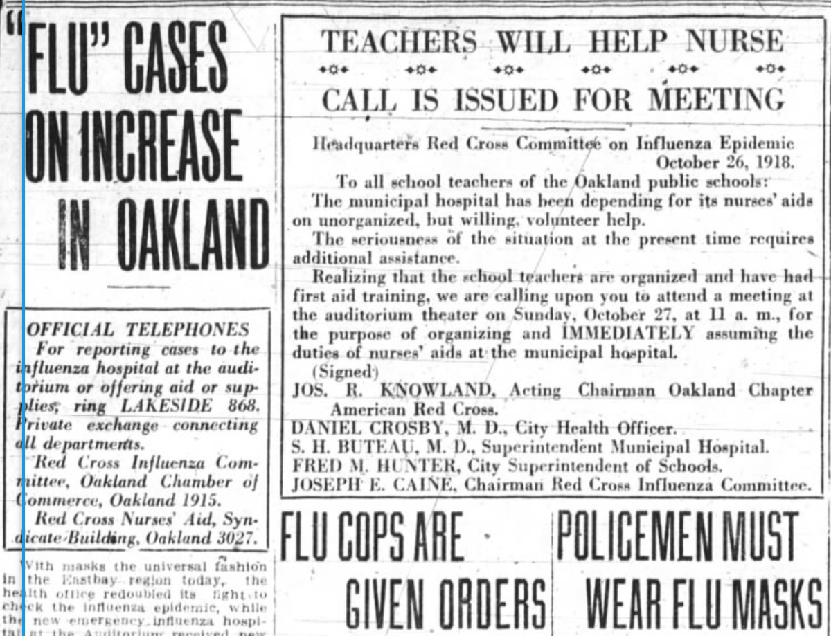 Cases increase rapidly in California, and a call is issued for teachers to use their first-aid skills and assume the duties of nurses' aids.In the same space, "flu cops" were asked to enforce new rules and be forced to wear masks.Oakland Tribune, 1918