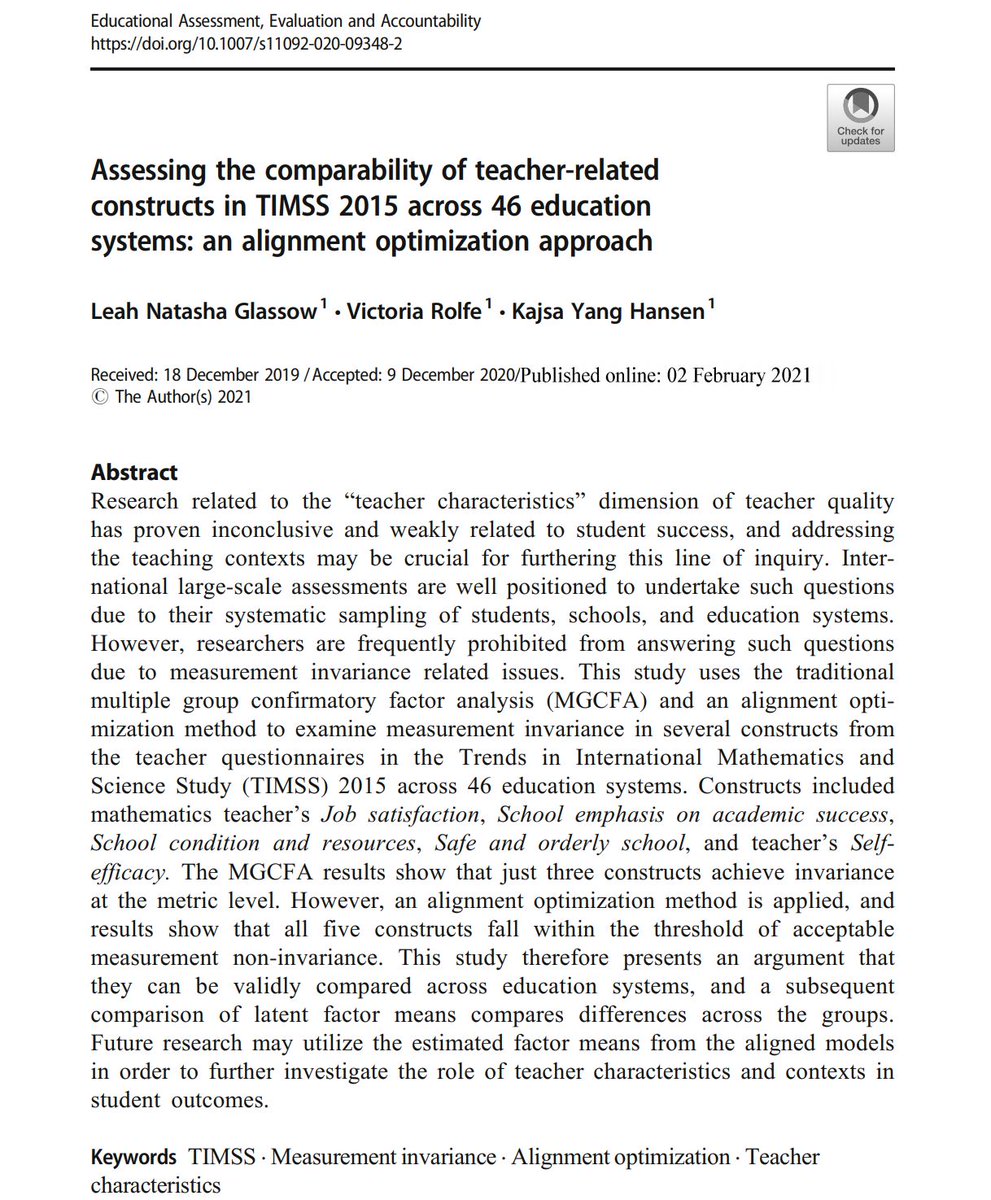 ILSA_blog's tweet photo. 🚨New @ETN_OCCAM paper!

@LNglassow, Victoria Rolfe &amp; Kajsa Yang Hansen examined #measurementinvariance in five constructs of the #TIMSS 2015 teacher background questionnaire across 46 education systems

@goteborgsuni @iea_education @TIMSSandPIRLS 
#MSCA #ResearchImpactEU

(1/5) https://t.co/DfpEBfB6hu