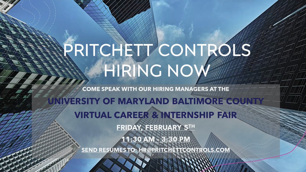 PritchettCtrls's tweet photo. Come speak with our Hiring Managers at the UMBC Virtual Career &amp; Internship Fair tomorrow, February 5th from 11:30am- 3:30pm. Accepting resumes for internship and job opportunities now.  UMBC #umbcengineering #jobs #careers #buildingautomation https://t.co/tm21tVBHXH