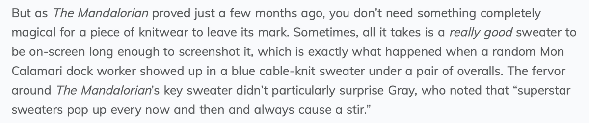 It's also really fascinating (to me anyway) to see how knitwear can take shape in a fandom that doesn't have a huge history of canonical knitwear like  #starwars. With some insight from  @tanisgray, who just released  #knittingthegalaxy last week  https://www.dailydot.com/unclick/reverse-engineer-knits-pattern-doctor-who-outlander-star-wars/