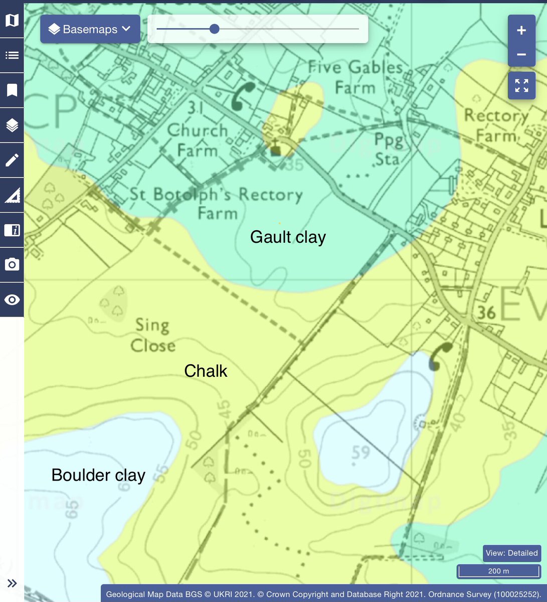 6. .. towards the river a mile or 2 to the N. But geology plays as important a part. Rain falls evenly across the landscape. Some runs down the hill from Boulder clay to chalk to gault clay, but much permeates downwards through the clay & then the chalk. But