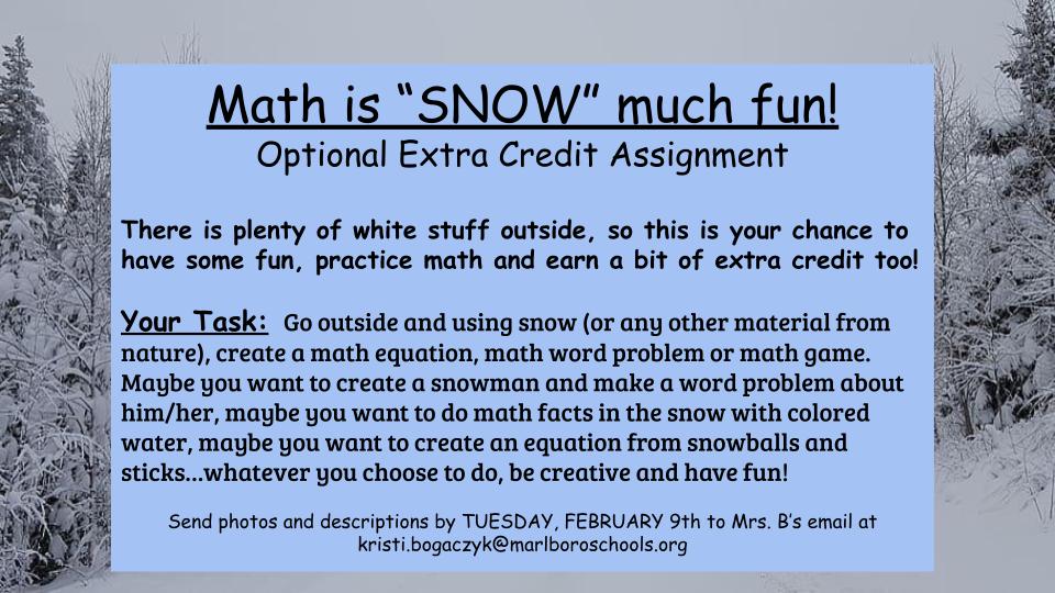 KristiBogaczyk (@kristibogaczyk) on Twitter photo Here is an opportunity for our young mathematicians to get outside, practice math and have some fun too! I can't wait to see what my brilliant 5th graders create! <a href="/GoMESDukes/">Marlboro Elementary School</a> <a href="/marlborosd/">Marlboro CSD</a> Here is an opportunity for our young mathematicians to get outside, practice math and have some fun too! I can't wait to see what my brilliant 5th graders create! <a href="/GoMESDukes/">Marlboro Elementary School</a> <a href="/marlborosd/">Marlboro CSD</a>