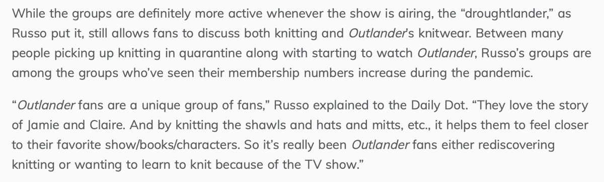 If you're looking for the one show or film that's knitwear supreme today, there's no question: It's  #Outlander. Kat Dennings is a fan, and  @KnitzyBlonde's Facebook and Ravelry groups offer a place to indulge in the love of the show and the knitwear  https://www.dailydot.com/unclick/reverse-engineer-knits-pattern-doctor-who-outlander-star-wars/