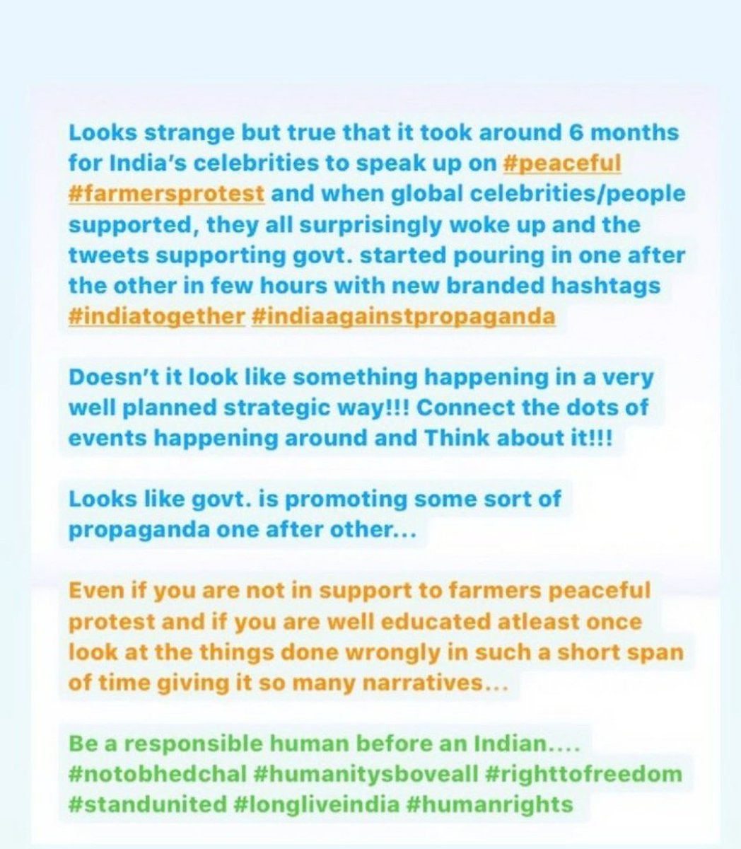 #IndianFarmersHumanRights #IndiaStandsTogether #IndiaStandsWithFarmers #BoycottBollywood #BoycottBJP #HumanRights #hollywoodsupportindianfarmers #standagainstwrong