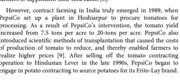 Contract farming started in India in 1989 (not the Modi Government) with Pepsico coming not  #Adani  #Ambani who are not into the contract farming space. The only thing this law does is protects the rights of farmers in contract farming. https://www.longdom.org/open-access/contract-farming-a-boon-to-farmers-2329-888X.1000124.pdf